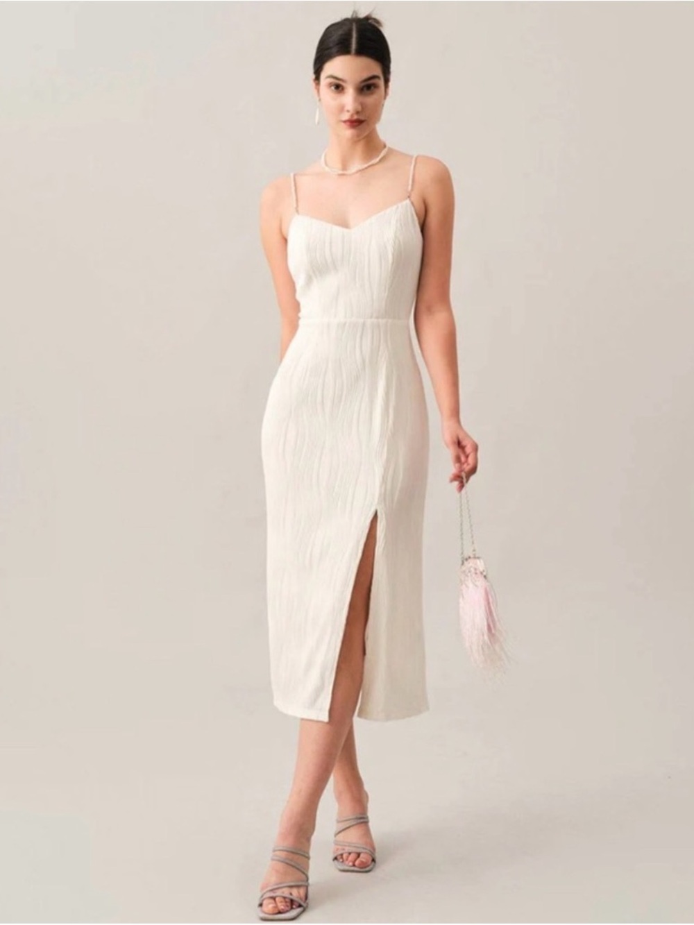 RIHOAS White Spaghetti-Strap Midi Dress with Side Slit